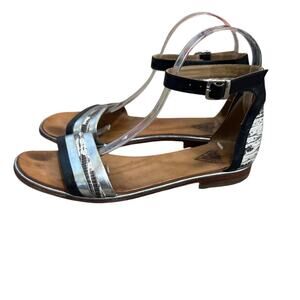 John Fluevog River Urubamba Black & Metallic Ankle Strap Sandals Size 8.5